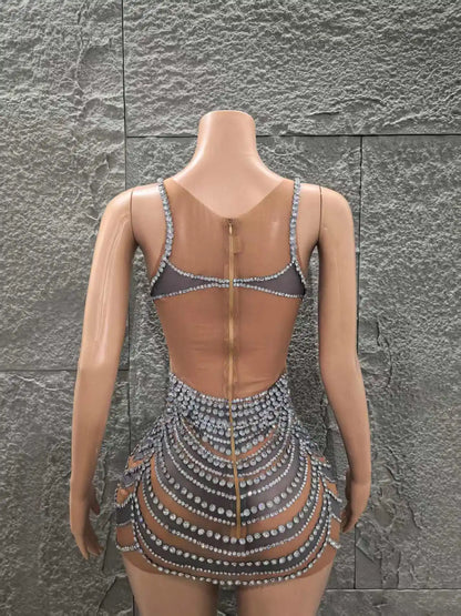 Shinning Crystal Women Sleeveless Sexy Mesh See Through Bodycon Mini Dress Celebrate Nightclub Party Bar Singer Stage Wear
