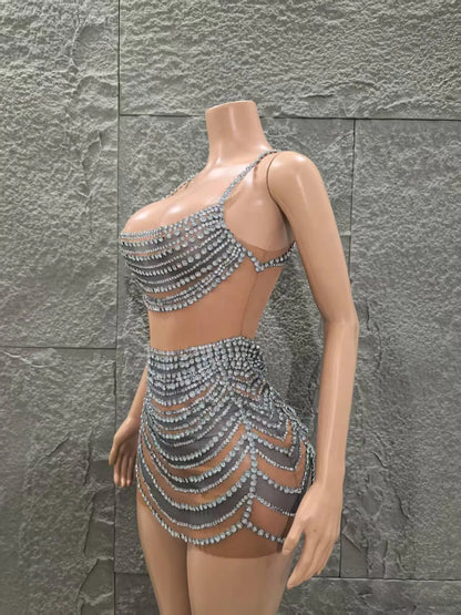 Shinning Crystal Women Sleeveless Sexy Mesh See Through Bodycon Mini Dress Celebrate Nightclub Party Bar Singer Stage Wear