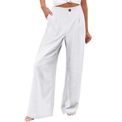 Retro Comfortable Summer Pocket Wide Leg Pants Women Elastic High Waist Casual Pants Loose Straight Solid Women's Trousers 2024
