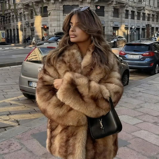 PUAL Luxury Brand Fashion Women Yellow Striped Faux Fur Jacket Coat Chic Girls 2025 Winter Oversized Warm Outerwear Overcoat