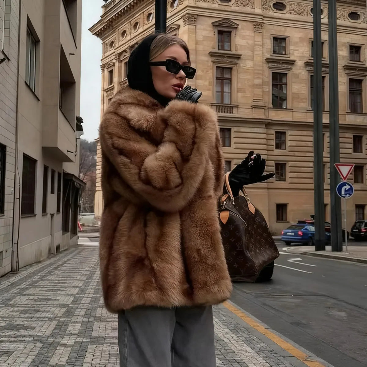 PUAL Luxury Brand Fashion Women Yellow Striped Faux Fur Jacket Coat Chic Girls 2025 Winter Oversized Warm Outerwear Overcoat