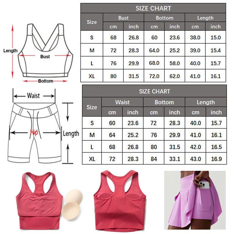 Women Two Pieces Fitness Yoga Set Breathable Outdoor Running Suit Soft Stretchy Tennis Skirt Workout Clothes Short Sportswear