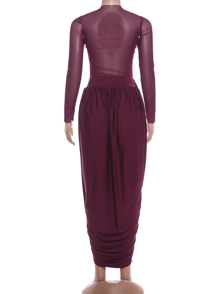 Nibber Splits Hem Dress Woman Mesh Patchwork o-Neck Full Sleeve Irregular Ruched Midnight Prom Party Elegant Skinny Vestidos