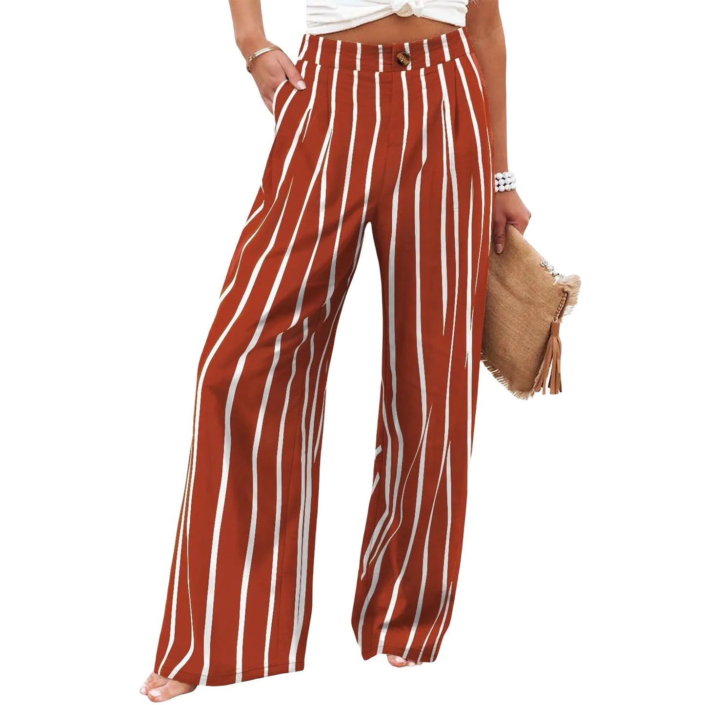 Retro Comfortable Summer Pocket Wide Leg Pants Women Elastic High Waist Casual Pants Loose Straight Solid Women's Trousers 2024