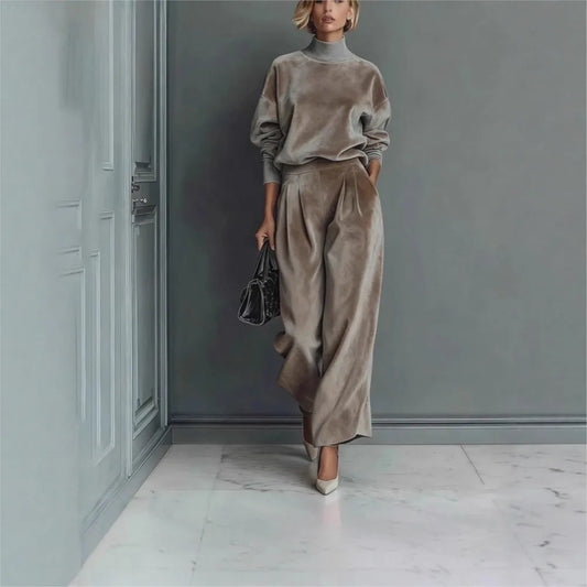 Autumn Winter Fashion High Collar Gold Velvet Long Sleeve Women's Suit Casual Sports Wide Leg Trousers Female Office 2 Piece Set