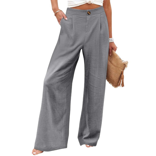 Retro Comfortable Summer Pocket Wide Leg Pants Women Elastic High Waist Casual Pants Loose Straight Solid Women's Trousers 2024