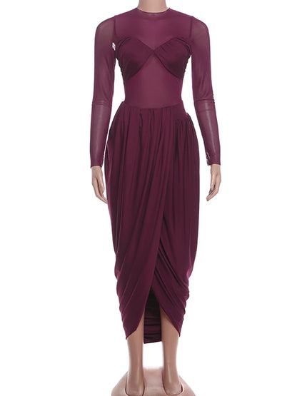 Nibber Splits Hem Dress Woman Mesh Patchwork o-Neck Full Sleeve Irregular Ruched Midnight Prom Party Elegant Skinny Vestidos