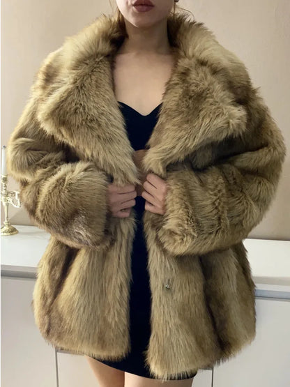 PUAL Luxury Brand Fashion Women Yellow Striped Faux Fur Jacket Coat Chic Girls 2025 Winter Oversized Warm Outerwear Overcoat