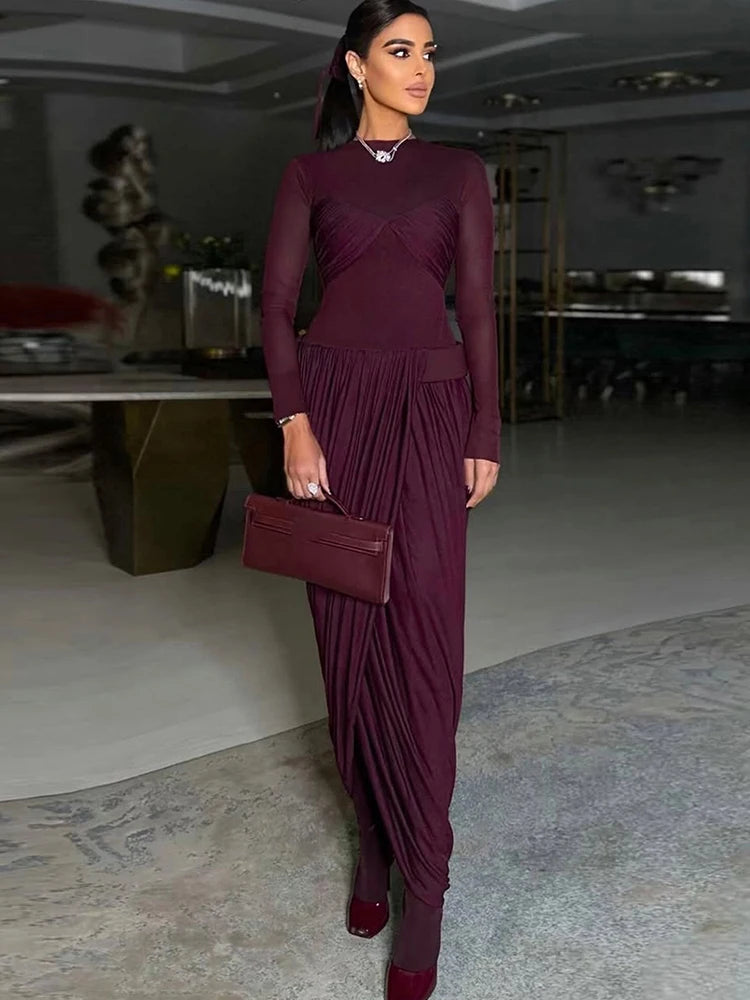 Nibber Splits Hem Dress Woman Mesh Patchwork o-Neck Full Sleeve Irregular Ruched Midnight Prom Party Elegant Skinny Vestidos