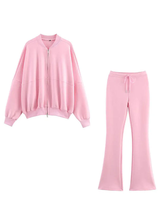 HH Autumn Women Coat Trousers Suits Casual Long Sleeve Zipper Jackets Slim Drawstring Flare Pant Woman Solid Jogging Pants Set