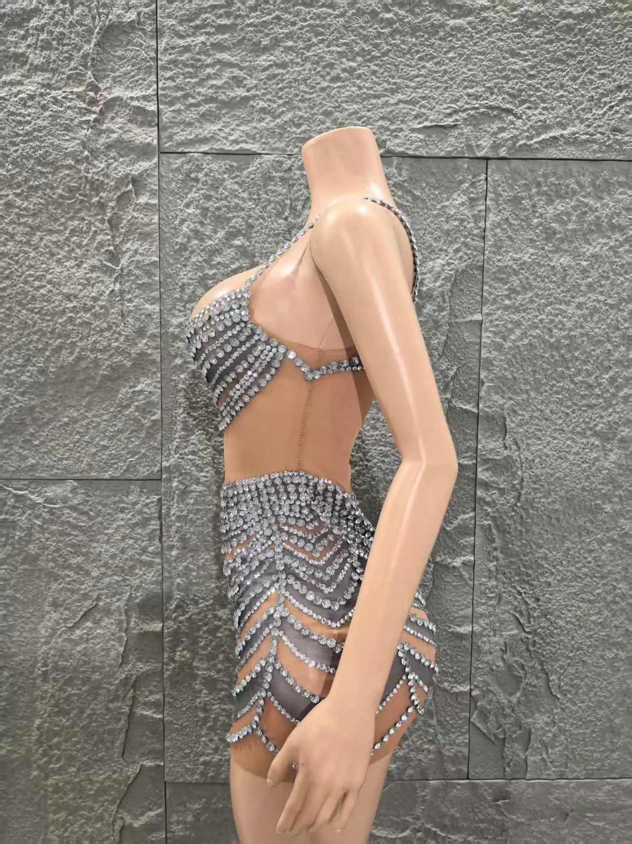 Shinning Crystal Women Sleeveless Sexy Mesh See Through Bodycon Mini Dress Celebrate Nightclub Party Bar Singer Stage Wear