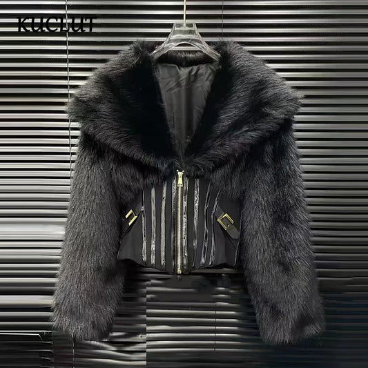 KUCLUT 2025 Autumn Winter New Fashion Style High Quality Fur Patchwork Short Jacket For Women Streetwear Zipper Coat 1A1445