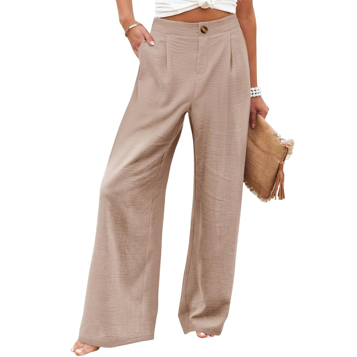 Retro Comfortable Summer Pocket Wide Leg Pants Women Elastic High Waist Casual Pants Loose Straight Solid Women's Trousers 2024