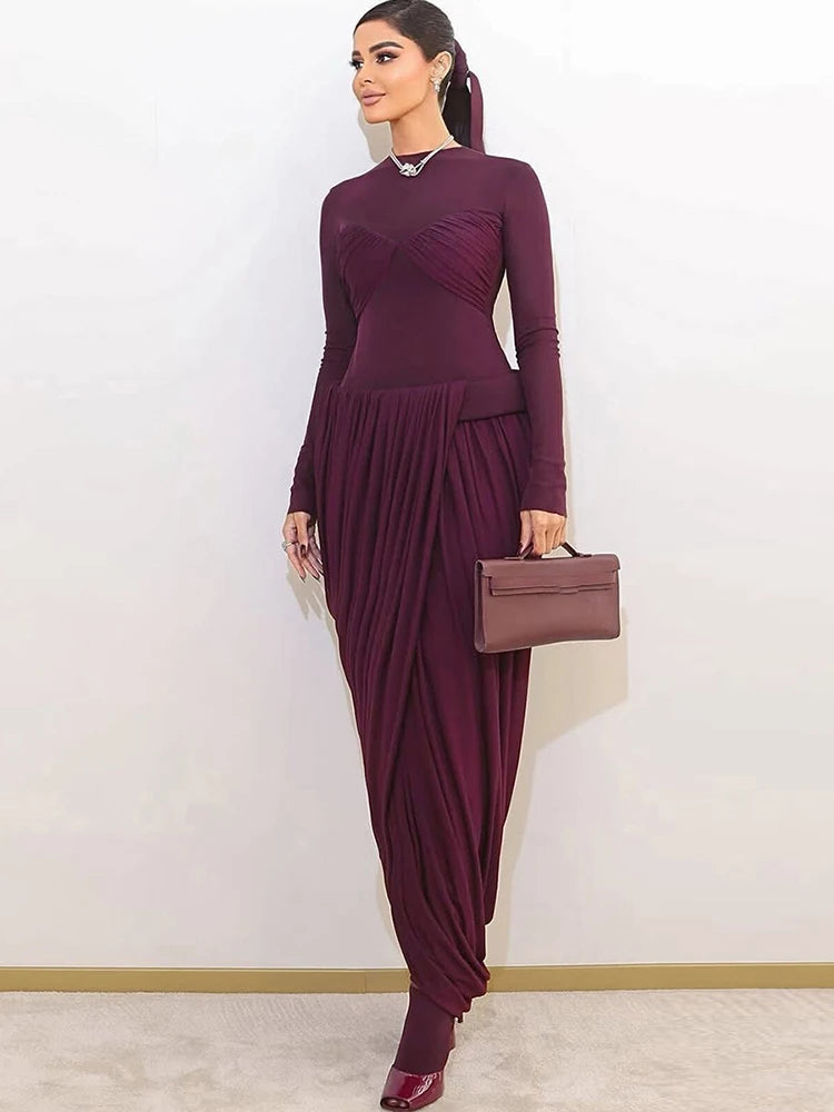 Nibber Splits Hem Dress Woman Mesh Patchwork o-Neck Full Sleeve Irregular Ruched Midnight Prom Party Elegant Skinny Vestidos