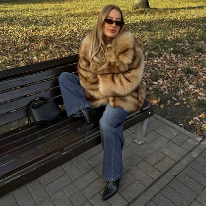 PUAL Luxury Brand Fashion Women Yellow Striped Faux Fur Jacket Coat Chic Girls 2025 Winter Oversized Warm Outerwear Overcoat