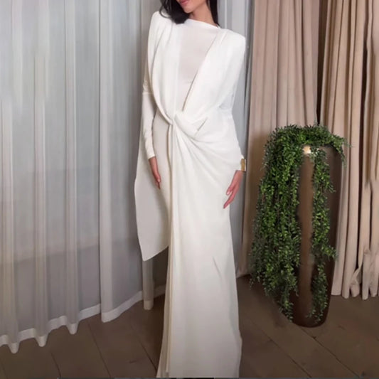 New Sexy Solid Color Slim Irregular Evneing Dress Elegant O-neck Long Sleeve Ribbon Banquet Dress Fashion High Waist Pleat Dress