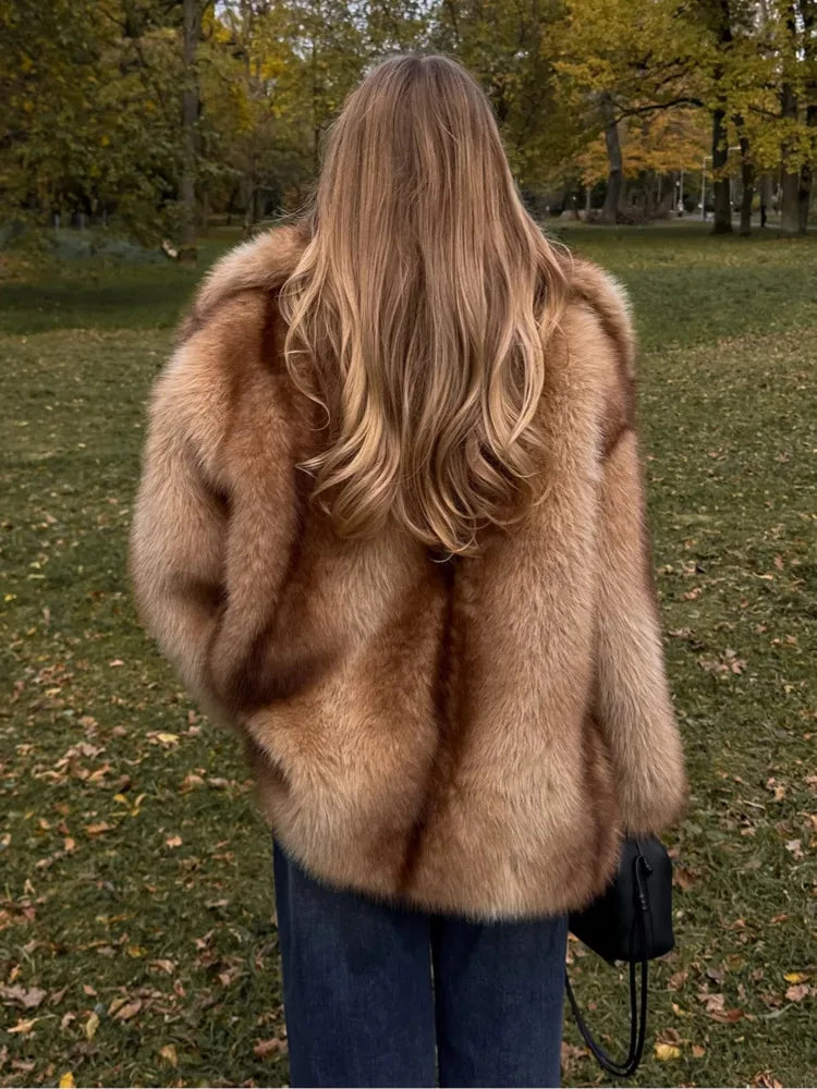 PUAL Luxury Brand Fashion Women Yellow Striped Faux Fur Jacket Coat Chic Girls 2025 Winter Oversized Warm Outerwear Overcoat