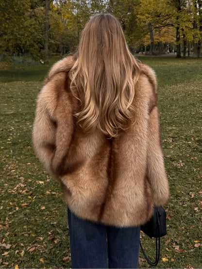 PUAL Luxury Brand Fashion Women Yellow Striped Faux Fur Jacket Coat Chic Girls 2025 Winter Oversized Warm Outerwear Overcoat