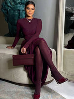 Nibber Splits Hem Dress Woman Mesh Patchwork o-Neck Full Sleeve Irregular Ruched Midnight Prom Party Elegant Skinny Vestidos