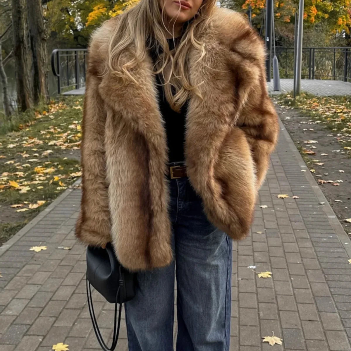 PUAL Luxury Brand Fashion Women Yellow Striped Faux Fur Jacket Coat Chic Girls 2025 Winter Oversized Warm Outerwear Overcoat