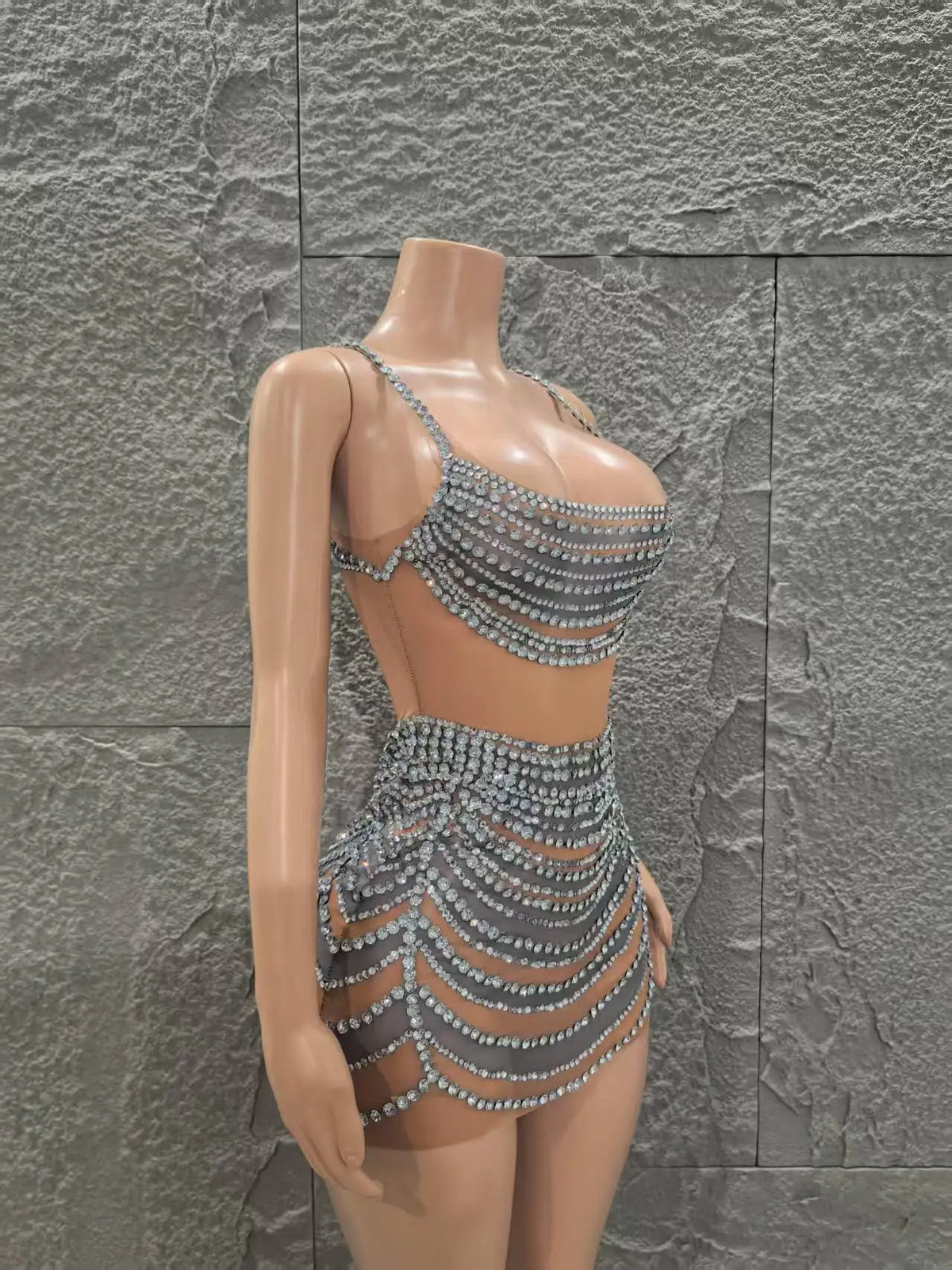 Shinning Crystal Women Sleeveless Sexy Mesh See Through Bodycon Mini Dress Celebrate Nightclub Party Bar Singer Stage Wear