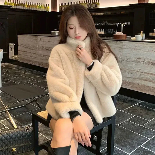 Imitation Mink Velvet Stand Collar Furry Coat Female Young Style Mink Short Style 2024 Winter Eco-friendly Fur Advanced Fashion