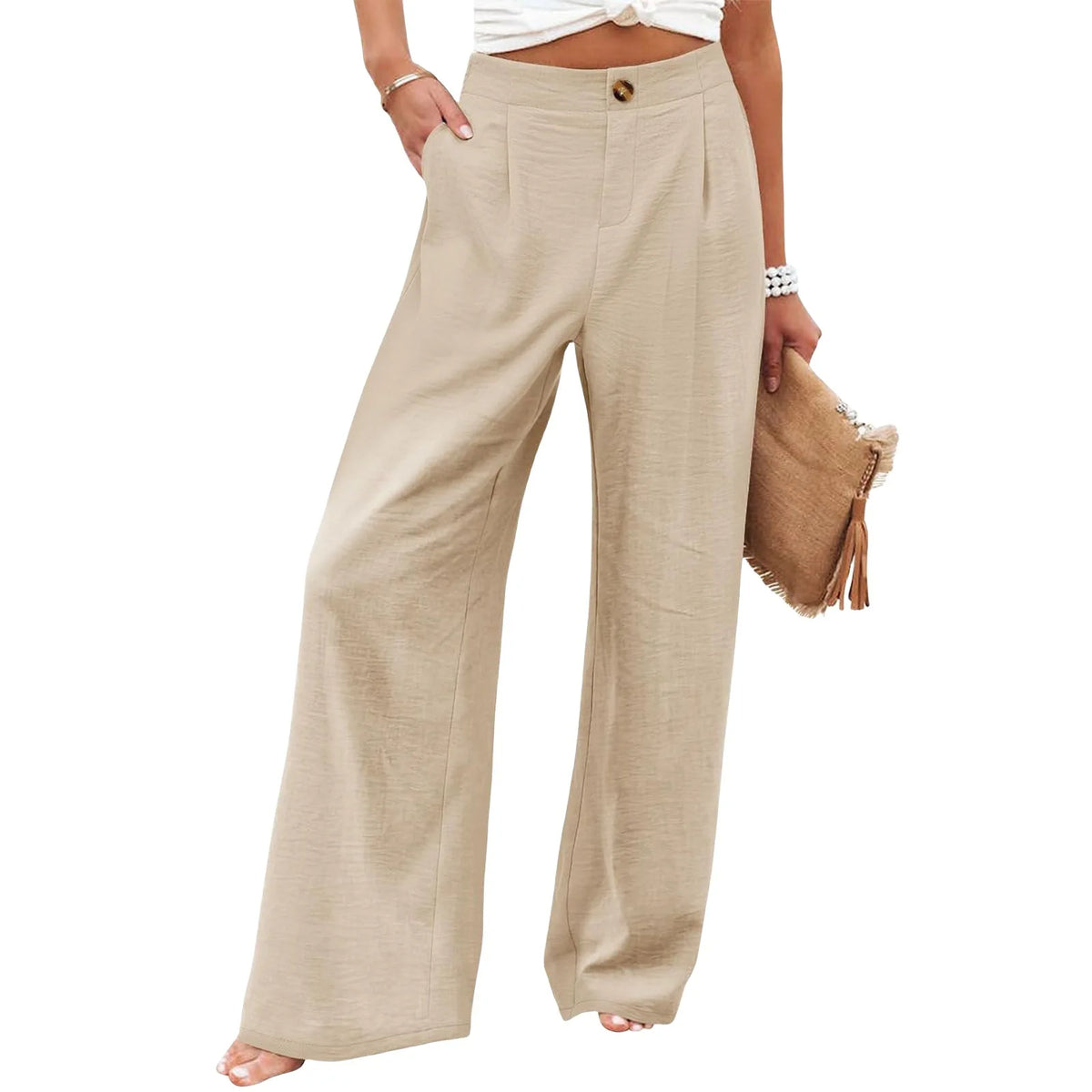 Retro Comfortable Summer Pocket Wide Leg Pants Women Elastic High Waist Casual Pants Loose Straight Solid Women's Trousers 2024