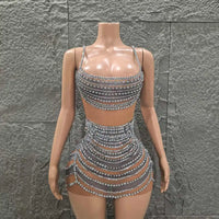 Shinning Crystal Women Sleeveless Sexy Mesh See Through Bodycon Mini Dress Celebrate Nightclub Party Bar Singer Stage Wear