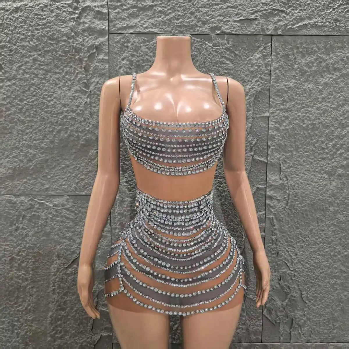 Shinning Crystal Women Sleeveless Sexy Mesh See Through Bodycon Mini Dress Celebrate Nightclub Party Bar Singer Stage Wear